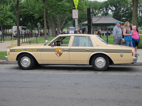 1991 Ford LTD Crown Victoria - tan State Police sedan with a green stripe and round department shield is parked curbside as people stand nearby.