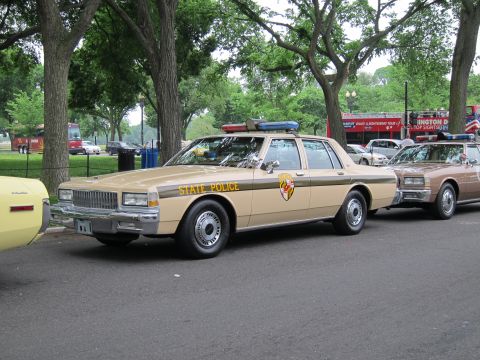 1991 Ford LTD Crown Victoria - tan State Police sedan with a green stripe, round shield and roof beacon is parked along a tree-lined park street.
