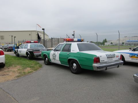 1991 Ford LTD Crown Victoria - Rear three-quarter view of a green and white SHERIFF Ford sedan with a star emblem and roof light bar, parked among other police cruisers i…