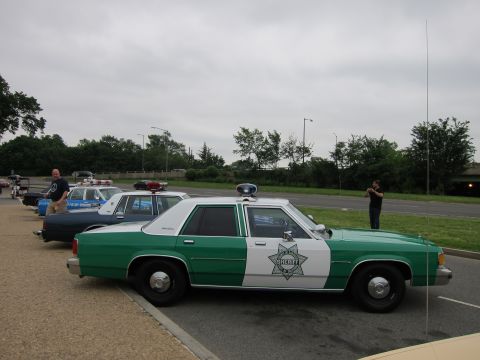 1991 Ford LTD Crown Victoria - Side view of a green-and-white Ford sheriff cruiser parked among other police cars under an overcast sky.