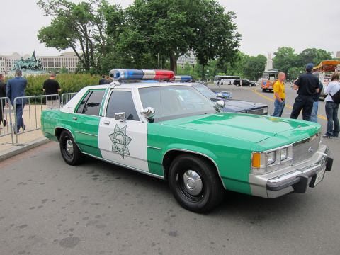 1991 Ford LTD Crown Victoria - Front three-quarter of a green-and-white Ford sheriff cruiser with people gathered around it on an overcast day.
