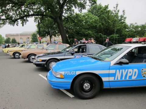 1991 Ford LTD Crown Victoria - blue NYPD Chevrolet Caprice in the foreground leads a row of parked vintage police cars under a large tree.