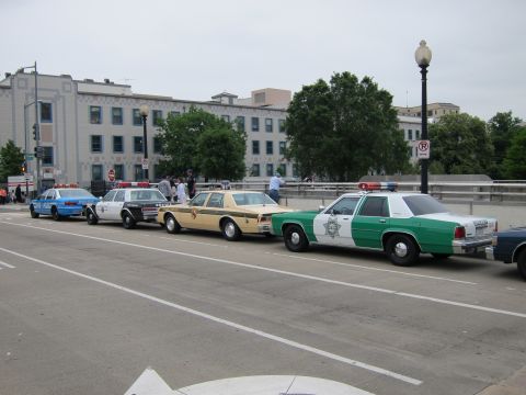 1991 Ford LTD Crown Victoria - row of vintage police cruisers in various liveries, including a green and white car, lines a city street beside a tall building.