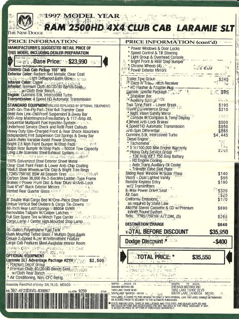 1997 Dodge 2500 - Original window sticker 1997 Ram 2500 Cummins