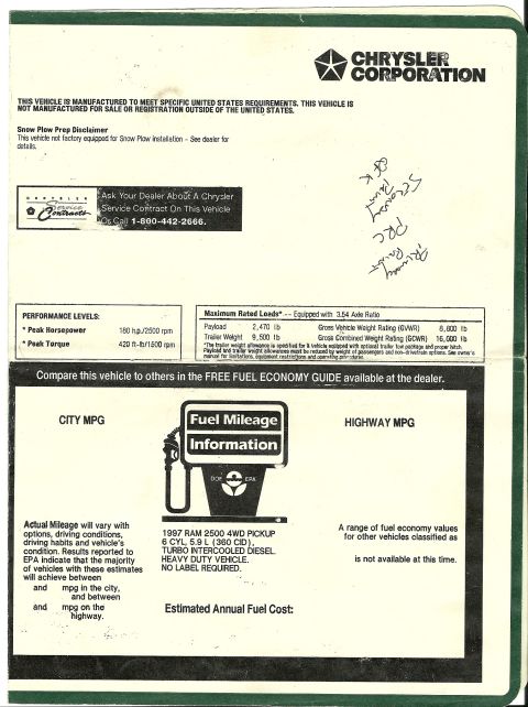 1997 Dodge 2500 - Original window sticker 1997 Ram 2500 Cummins 2