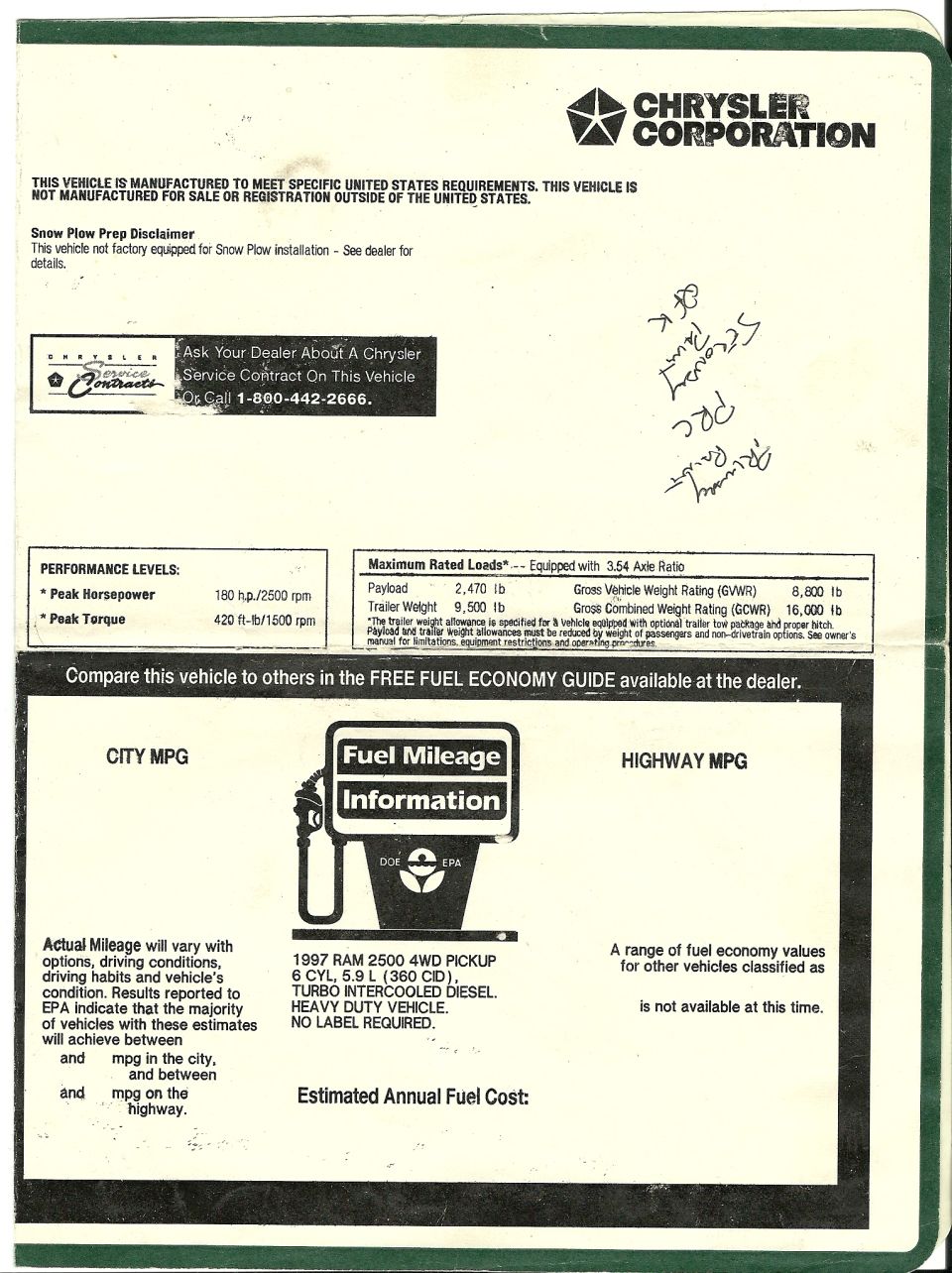 Original window sticker 1997 Ram 2500 Cummins 2