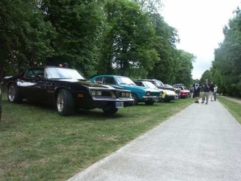 1977 Pontiac Trans Am - Several classic cars are lined up on a lawn next to a paved walkway, with trees in the background.