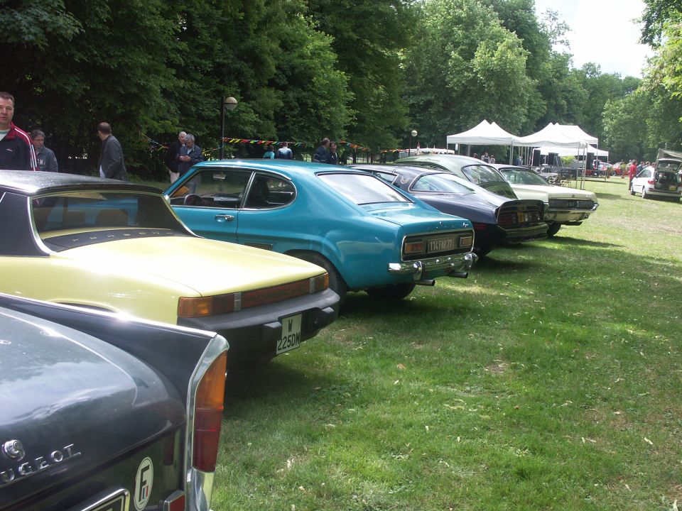 Line of classic cars parked on grass, a teal coupe in the foreground
