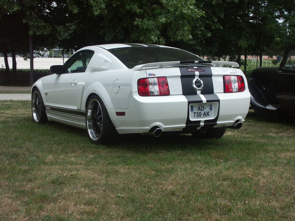 Rear view of a white 2005 Ford Mustang GT with black racing stripes and custom wheels parked on grass. Another black car is partially visible to the right