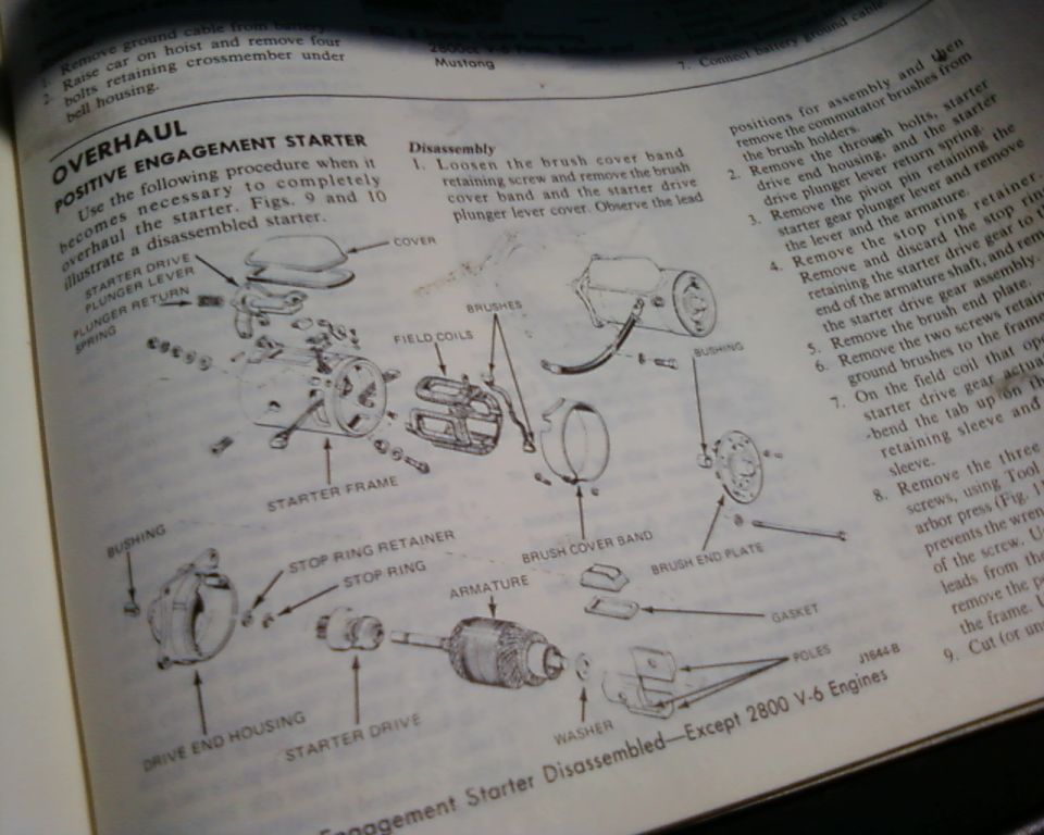 Service manual page on overhauling a positive-engagement starter with exploded figure