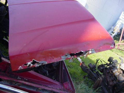 1992 Ford Bronco - This image shows a red vehicle door with severe rust compromising its lower section, indicating significant wear and tear.