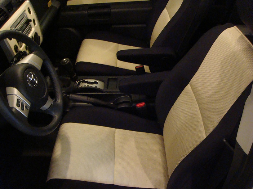 Toyota FJ Cruiser interior front seats in two-tone black and tan cloth