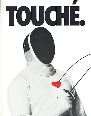 2000 Mercury Grand Marquis - A fencer is depicted with a red heart on their chest, pierced by a sword, with the word "TOUCHÉ." above.