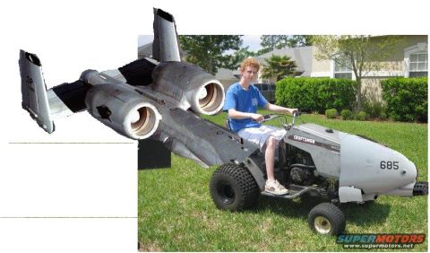 1989 Ford Bronco - A man rides a lawnmower with a fighter jet digitally added to the scene.