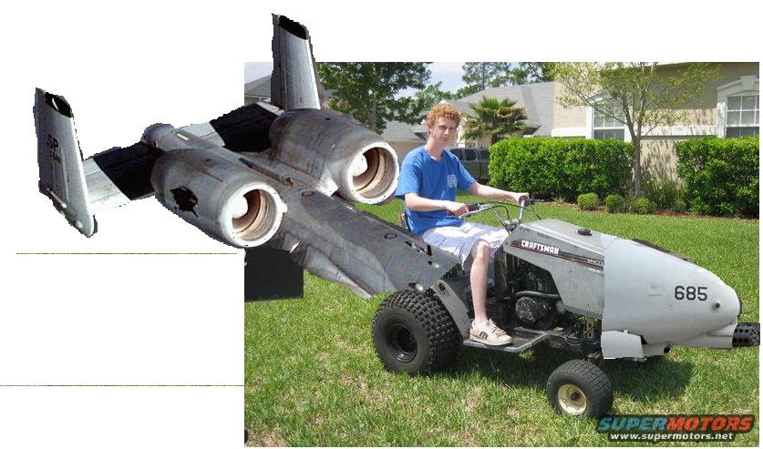 Man in blue shirt riding a gray Craftsman lawnmower with a superimposed A-10 Thunderbolt II aircraft