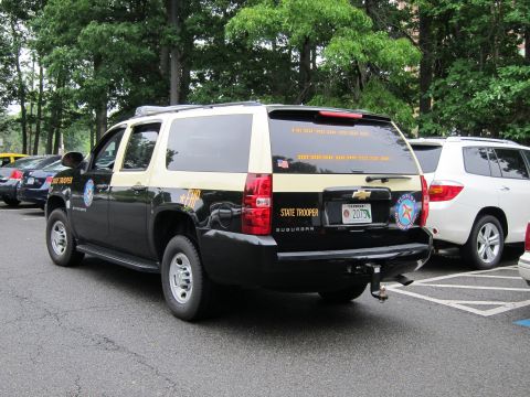 1991 Ford LTD Crown Victoria - Rear quarter view of a black-and-tan Chevrolet Suburban marked State Trooper and FHP parked in a tree-lined lot.