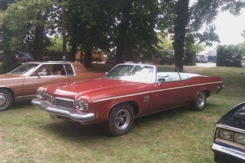 1991 Ford LTD Crown Victoria - A classic red convertible is parked on a grassy area, with other vehicles nearby under a canopy of trees.
