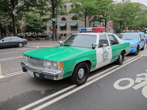 1991 Ford LTD Crown Victoria - green-and-white Ford police sedan with a sheriff star decal parked at a downtown intersection beside a bike lane.