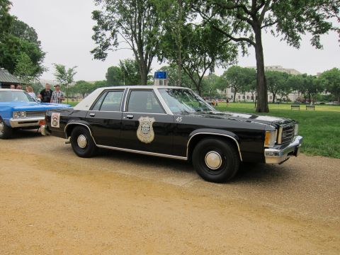 1991 Ford LTD Crown Victoria - black-and-white Ford police sedan with a gold badge decal and number 45 parked on a gravel path beside a blue classic car in a park.