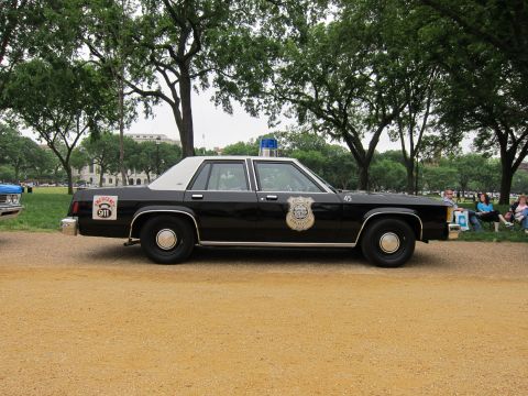 1991 Ford LTD Crown Victoria - Side profile of a black-and-white Ford police sedan with badge decal and number 45 parked on a park path as people sit nearby.