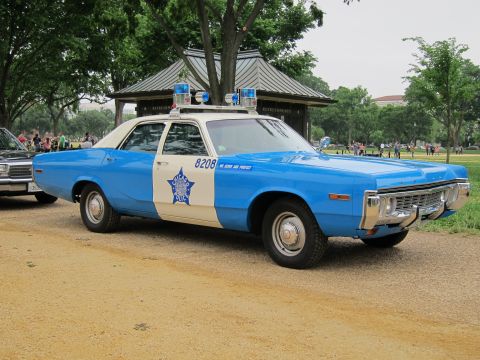 1991 Ford LTD Crown Victoria - blue-and-white Chicago Police sedan numbered 8208 with twin roof beacons and a star badge, parked near a park pavilion.