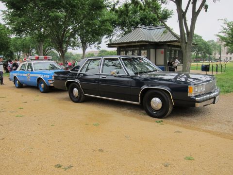 1991 Ford LTD Crown Victoria - dark navy full-size sedan parked on a gravel park path beside a blue-and-white police car near a pavilion.