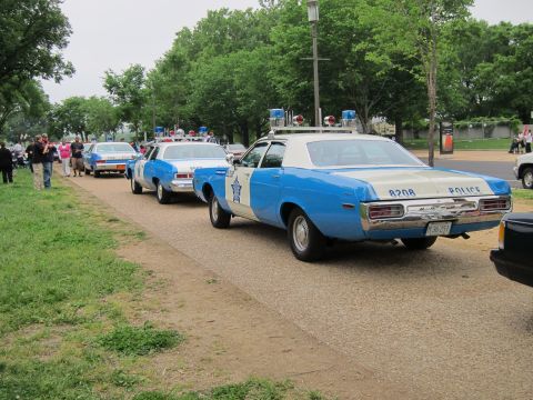 1991 Ford LTD Crown Victoria - blue-and-white police sedan numbered 8208 with a star badge leads a row of marked cars along a park path.