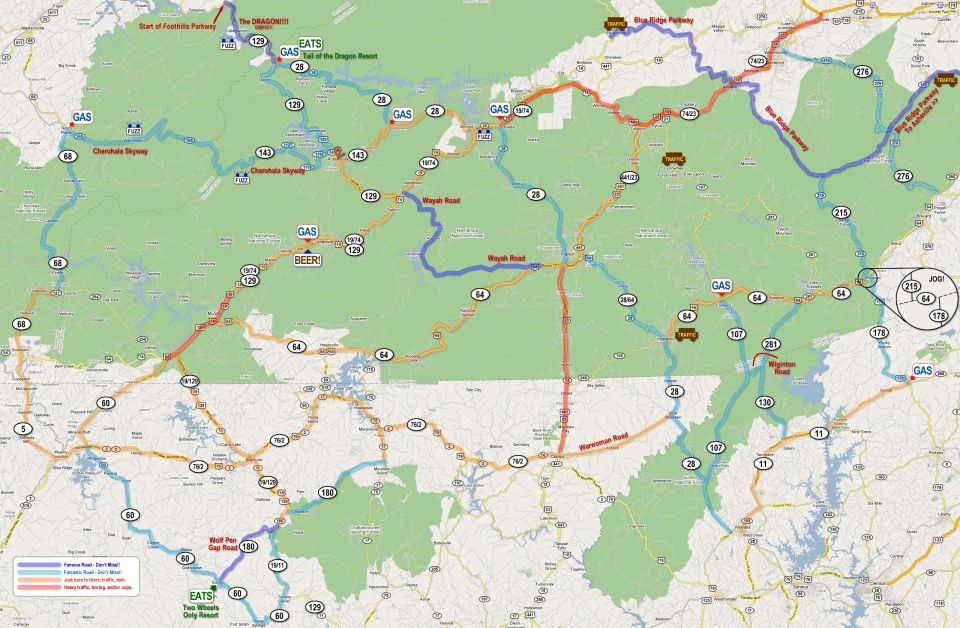Regional touring road map with route lines and gas/eats markers