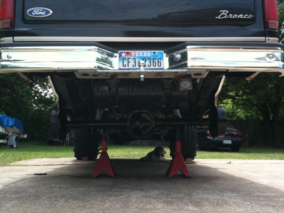 Black Ford Bronco rear end on jack stands, showing chrome bumper and Texas license plate