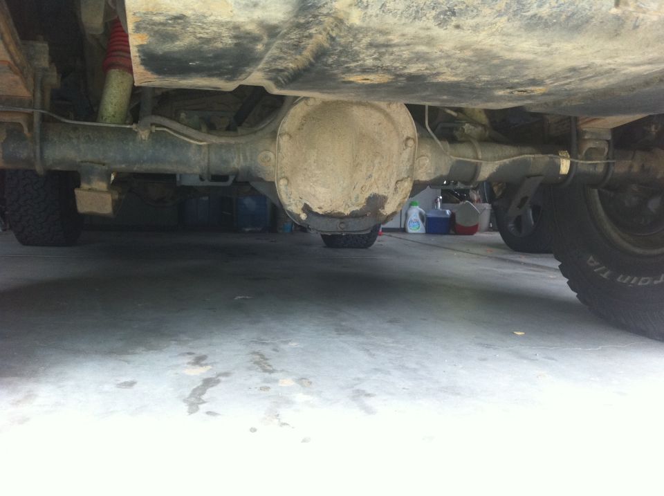 Underside view of a vehicle's rear axle and differential, with suspension components and tires visible