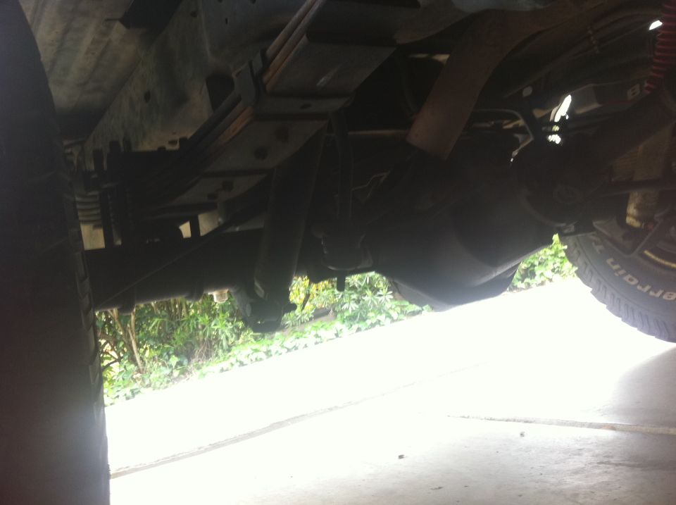 Undercarriage of a lifted truck showing leaf springs, shock absorber, and tire with 'All Terrain' text