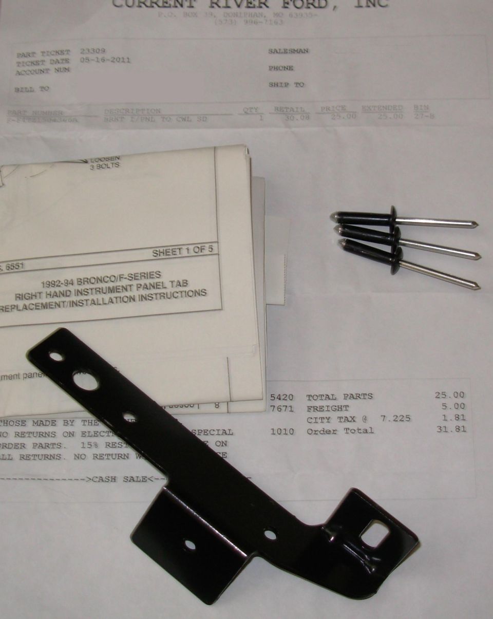 Black instrument-panel tab bracket, rivets and Ford parts receipt for 1992-94 Bronco/F-series