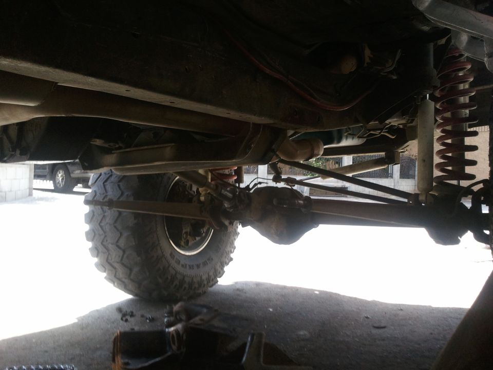 Undercarriage view of a vehicle's suspension and tire
