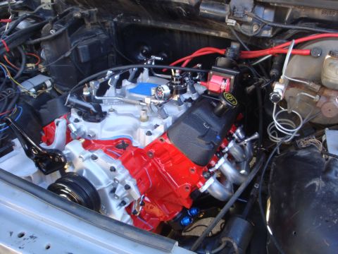 1989 Ford Bronco - The engine bay features a custom red and silver engine with aftermarket fuel lines and exhaust headers.