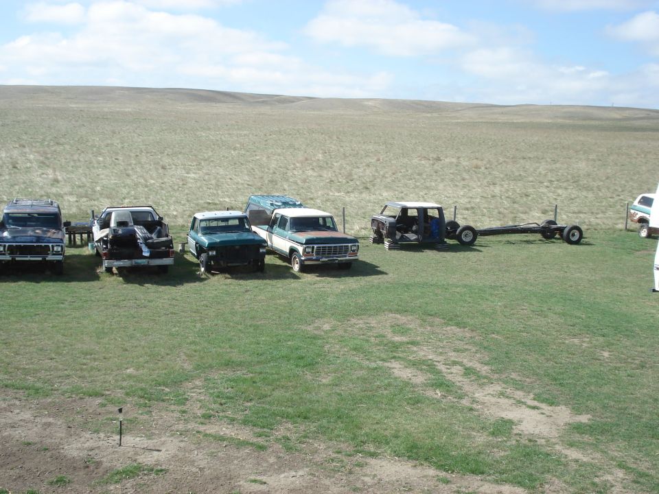 Row of vintage Ford project trucks and a bare frame in a grassy field