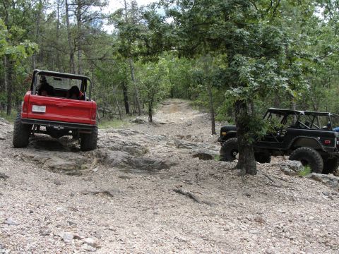1967 Ford Mustang - Two vehicles traverse a challenging, rocky path through a dense forest.