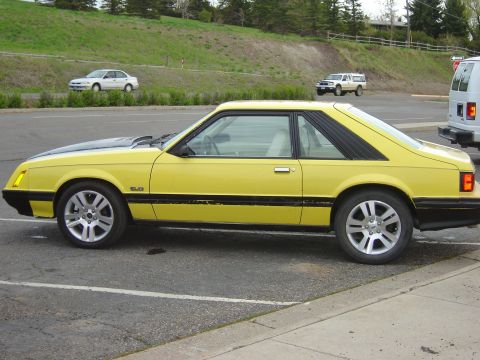 1979 Ford Mustang - This 1979 Ford Mustang coupe features a distinctive yellow paint job with a contrasting black hood and side trim.