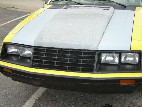 1979 Ford Mustang - The front end of a car shows a yellow body with a gray hood scoop and a black grille.