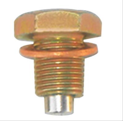 1990 Ford Bronco - Close-up of a gold-colored oil drain plug a copper washer and threaded shaft.