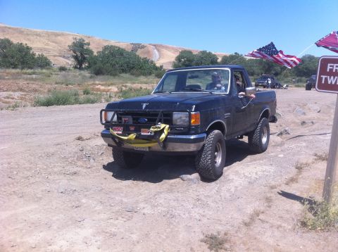 1990 Ford Bronco - This black Ford F-150 pickup truck, likely from 1990, is equipped with a brush guard and winch, seen off-road with other vehicles in the ba…