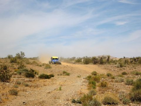 1986 Ford Bronco - A blue off-road buggy races across a dusty desert terrain under a bright blue sky.