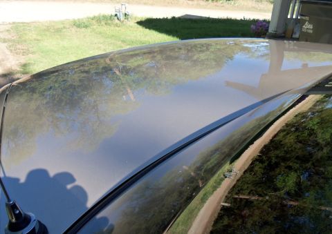2000 Mercury Grand Marquis - The reflection on the car's roof shows a rural setting with trees and a dirt path.