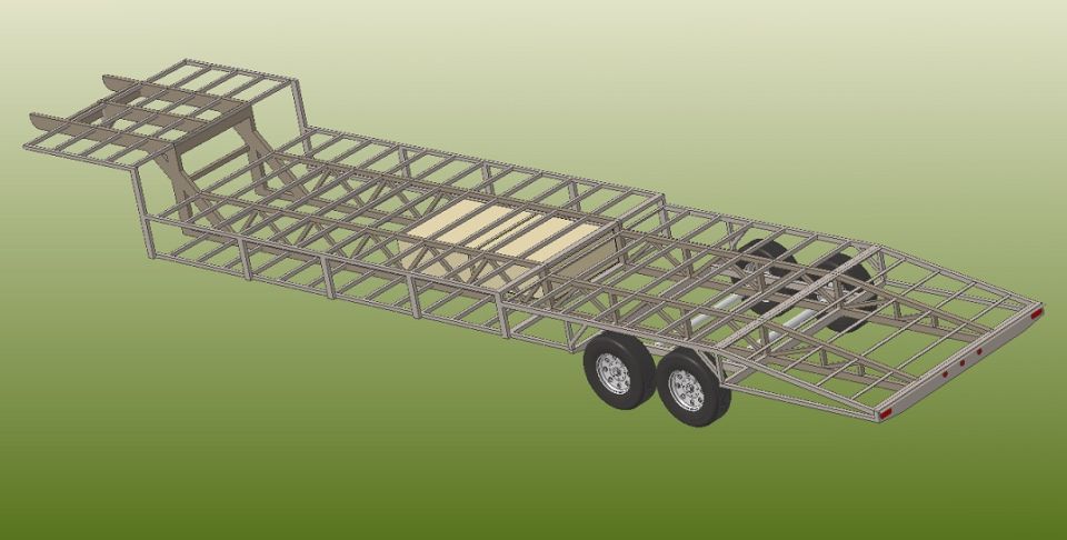 3D CAD render of a tandem-axle car-hauler trailer frame