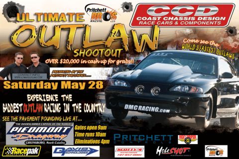 1992 Ford Mustang - Poster advertises the Ultimate Outlaw Shootout drag racing event with prize money and event schedule.