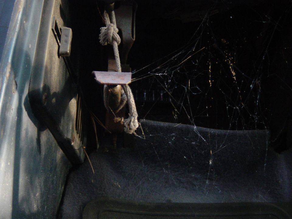 Interior view of a vehicle showing a rope hanging with cobwebs covering the dashboard area