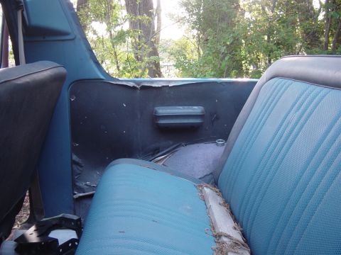 1979 Ford Bronco - The interior of an old SUV shows faded blue seats and a damaged door panel, with trees visible through the open top.