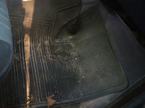 1979 Ford Bronco - The interior floor mats show signs of wear and debris, with a distinct sunbeam illuminating the driver's side.