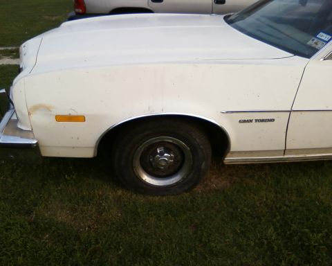 1976 Ford Torino - Front quarter view of a white 1976 Ford Gran Torino, showing the fender, wheel, and door panel.