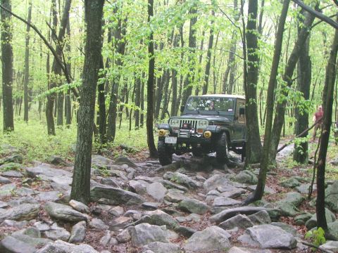 1996 Ford Bronco - A dark green Jeep Wrangler drives through a rocky, wooded area on a trail.