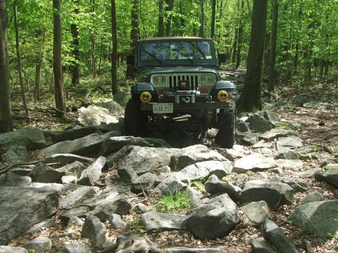 1996 Ford Bronco - A Jeep navigates a challenging, boulder-strewn path through a dense forest.